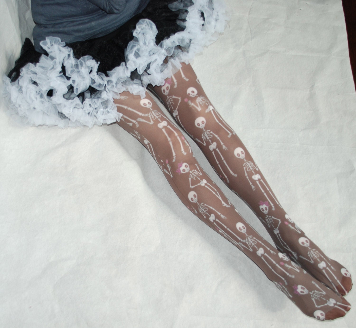 Tights skeleton love boy girl day of the dead brown black with white and pink