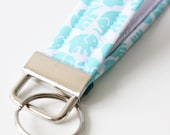 Fabric Key Fob, Key Chain, Key Holder, Key Strap - Elephants - Blue, White, Gray/Grey