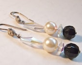 Long Dangle Earrings Black Glass / Pearl / Crystals
