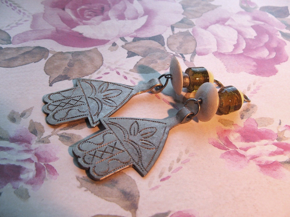 2 Vintage Tin Hand Drops / Hamsa Jewelry / Earring Charm / E