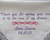 Lacy with a heart scroll for your mom on your wedding day. Personalized and Embroidered keepsake Gift. Comes with a gift box.