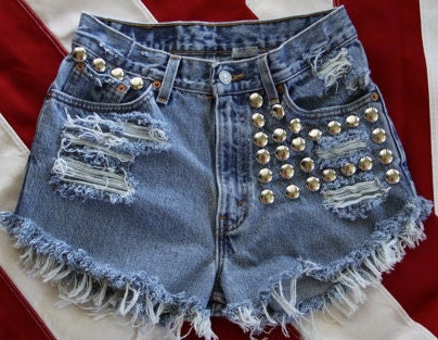 High waist destroyed denim shorts super frayed and studs size Sm/Med