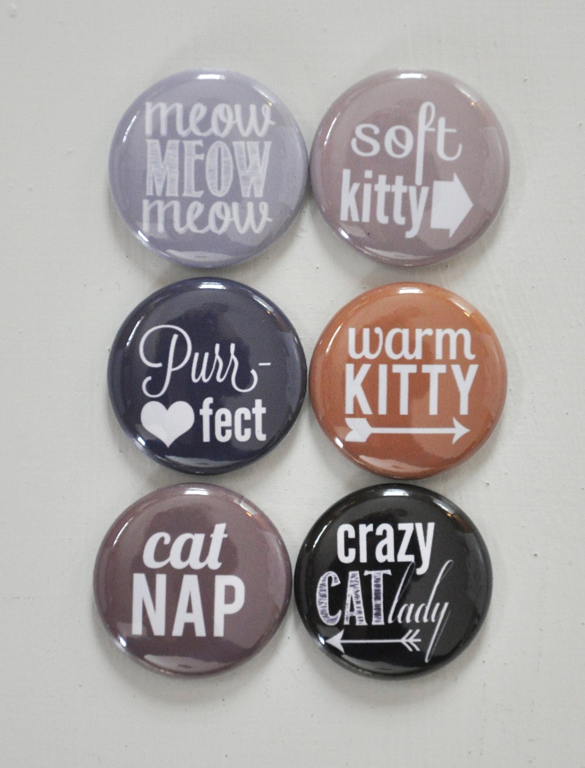 Set of 6 Cat Themed Flair Craft Badges Pins