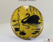 Antique Swan Lake Lacquered Brooch