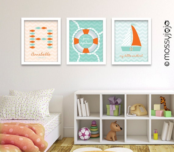 Nautical Girl Nursery Sailboat Lifesaver Fish Personalized SET OF 3 8x10. Baby Nursery Art, Children's Wall Art, Beach Decor By MossyJojo.