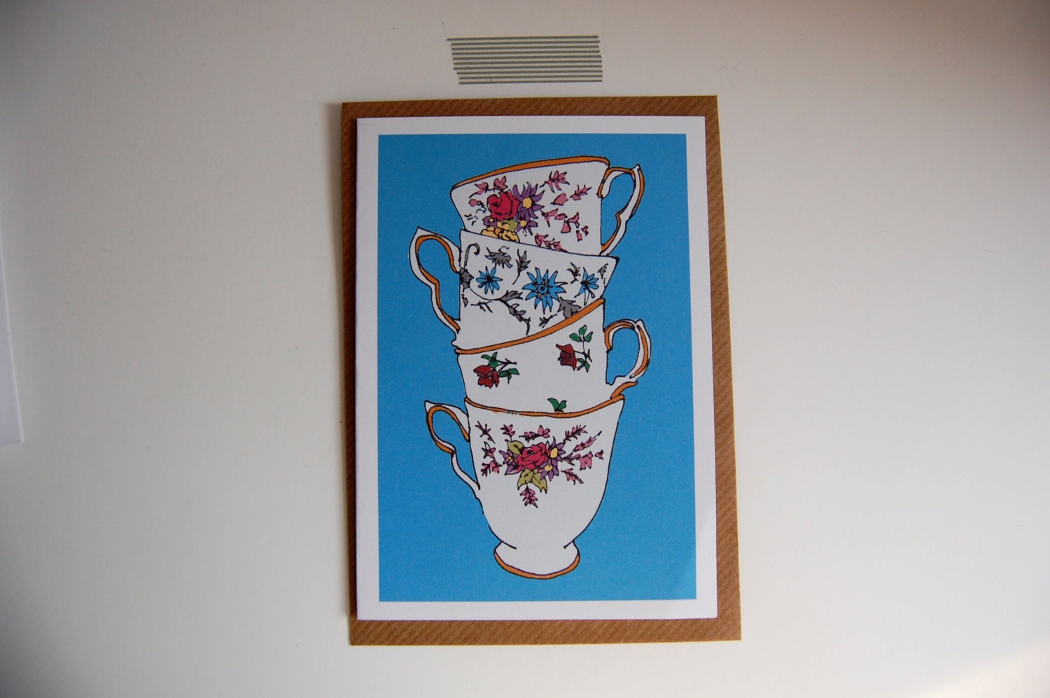 Floral vintage four teacups card blue