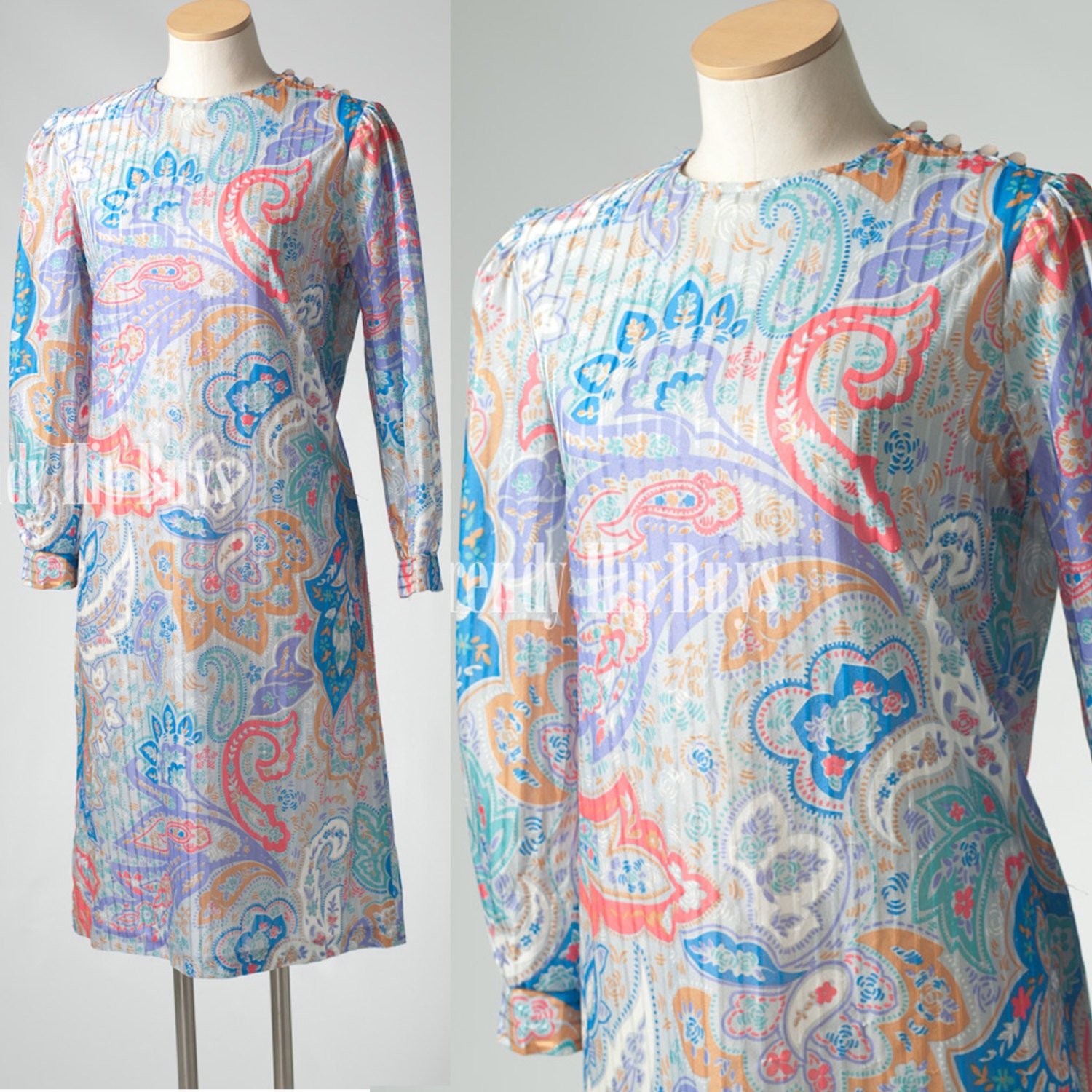 Vintage 60s 70s Gray Coral Blue Abstract Paisley Shift Dress - M/L