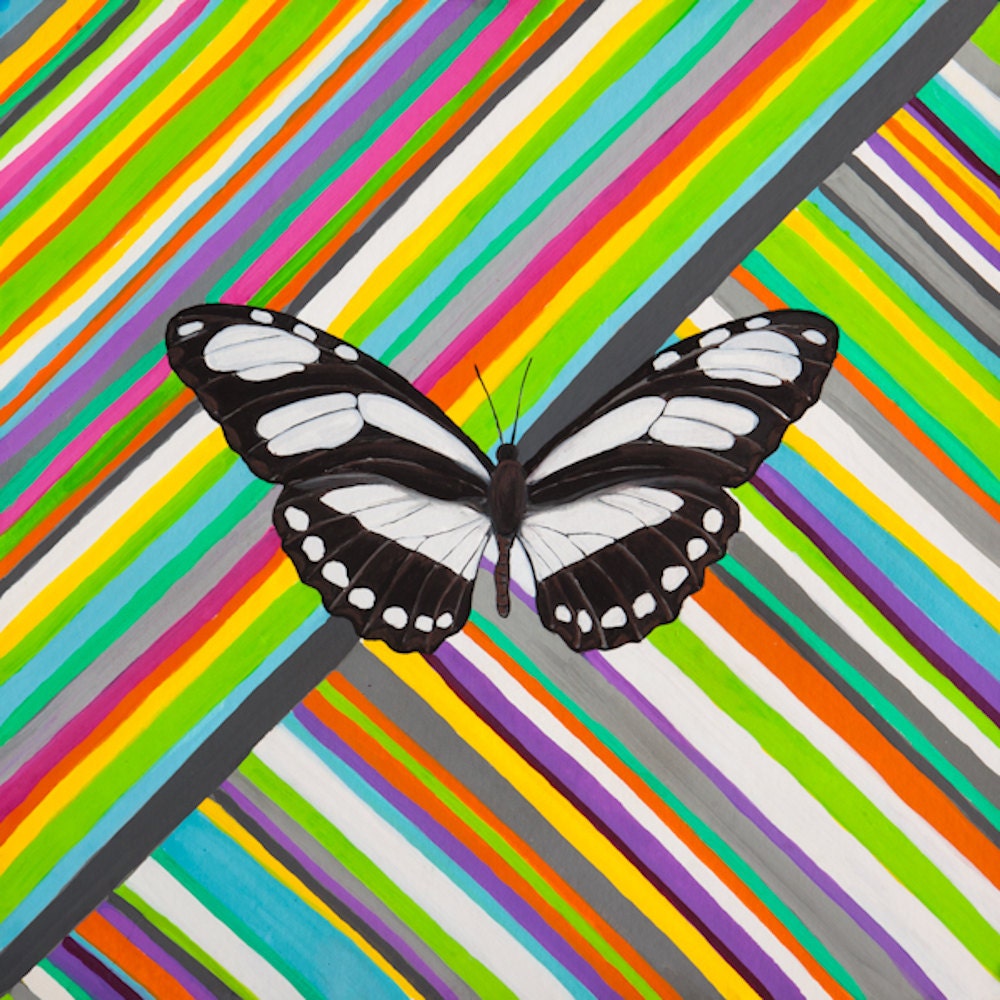 Retro Art Print Painting, Home Decor, Black and White Butterfly with Striped Background