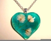 Babys Breath Real Pressed Flower  Heart Glass Necklace