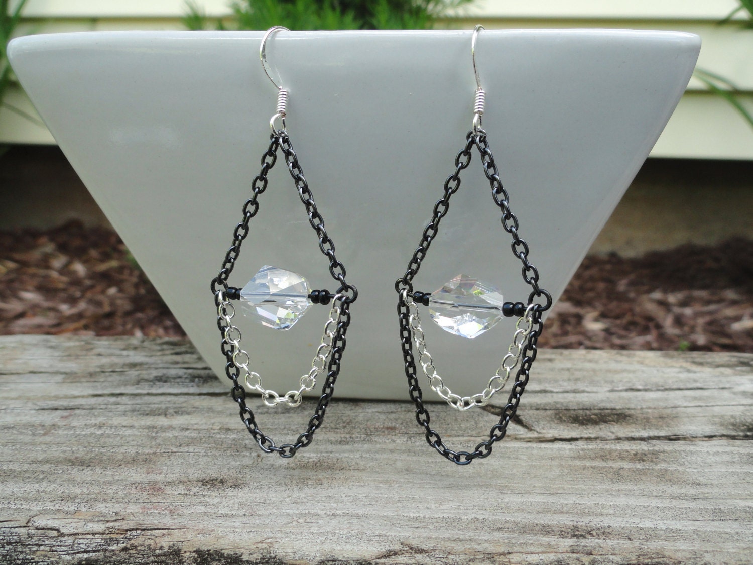 Black and Silver Chain Earrings with Cosmic Swarovski, Chandelier Earrings, Crystal Earrings