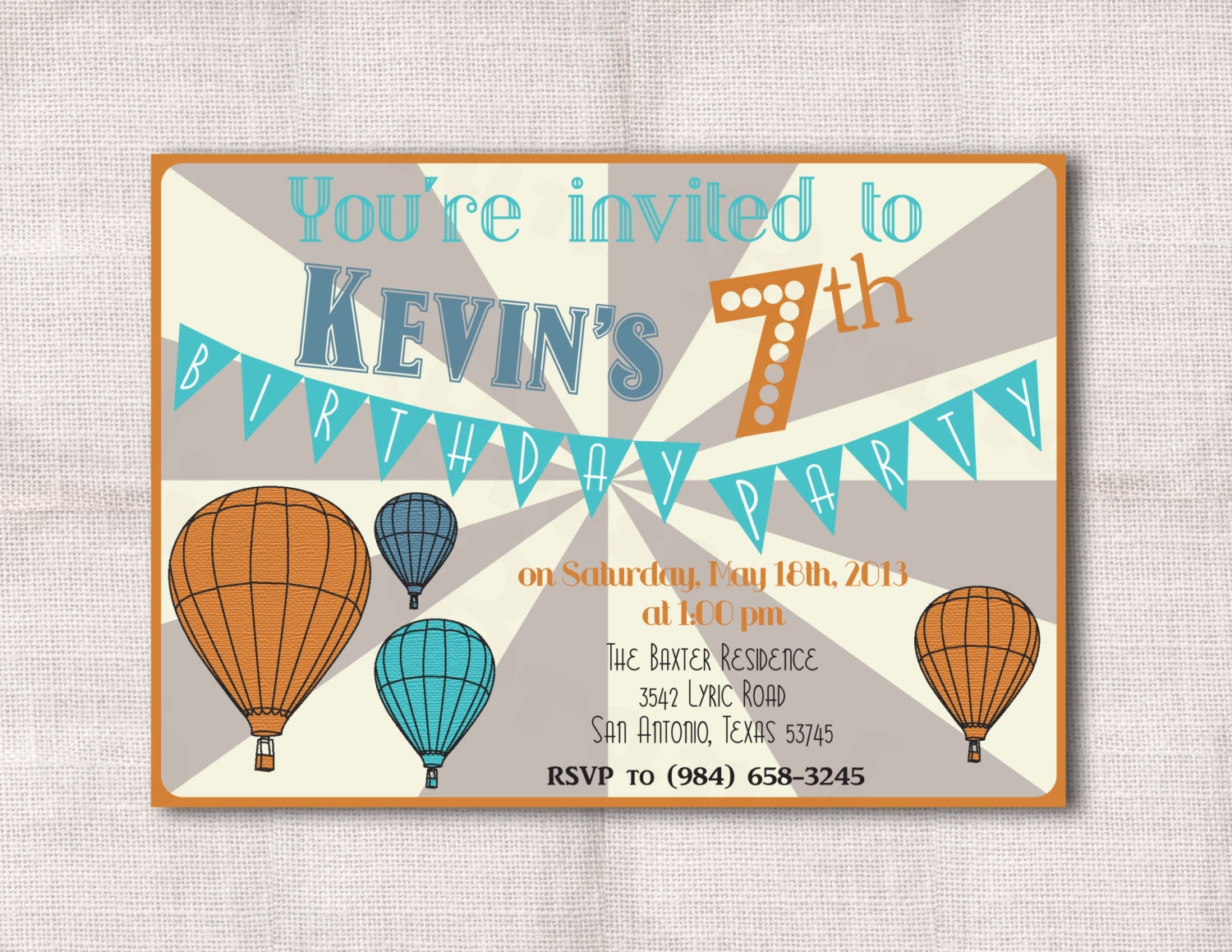 5x7 Hot Air Balloon Birthday Party Custom Printable Invitation
