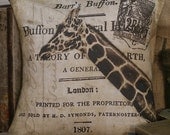 Vintage French Pillow Safari Giraffe Antique Document Burlap Cotton Throw Pillow Cover - Ships FREE to US and Canada