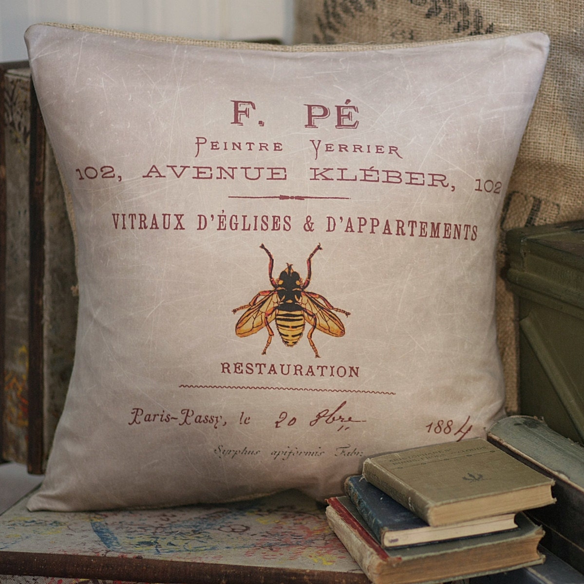 Vintage French Bee Postal Document Burlap Cotton Throw Pillow Cover - Ships FREE to the US and Canada