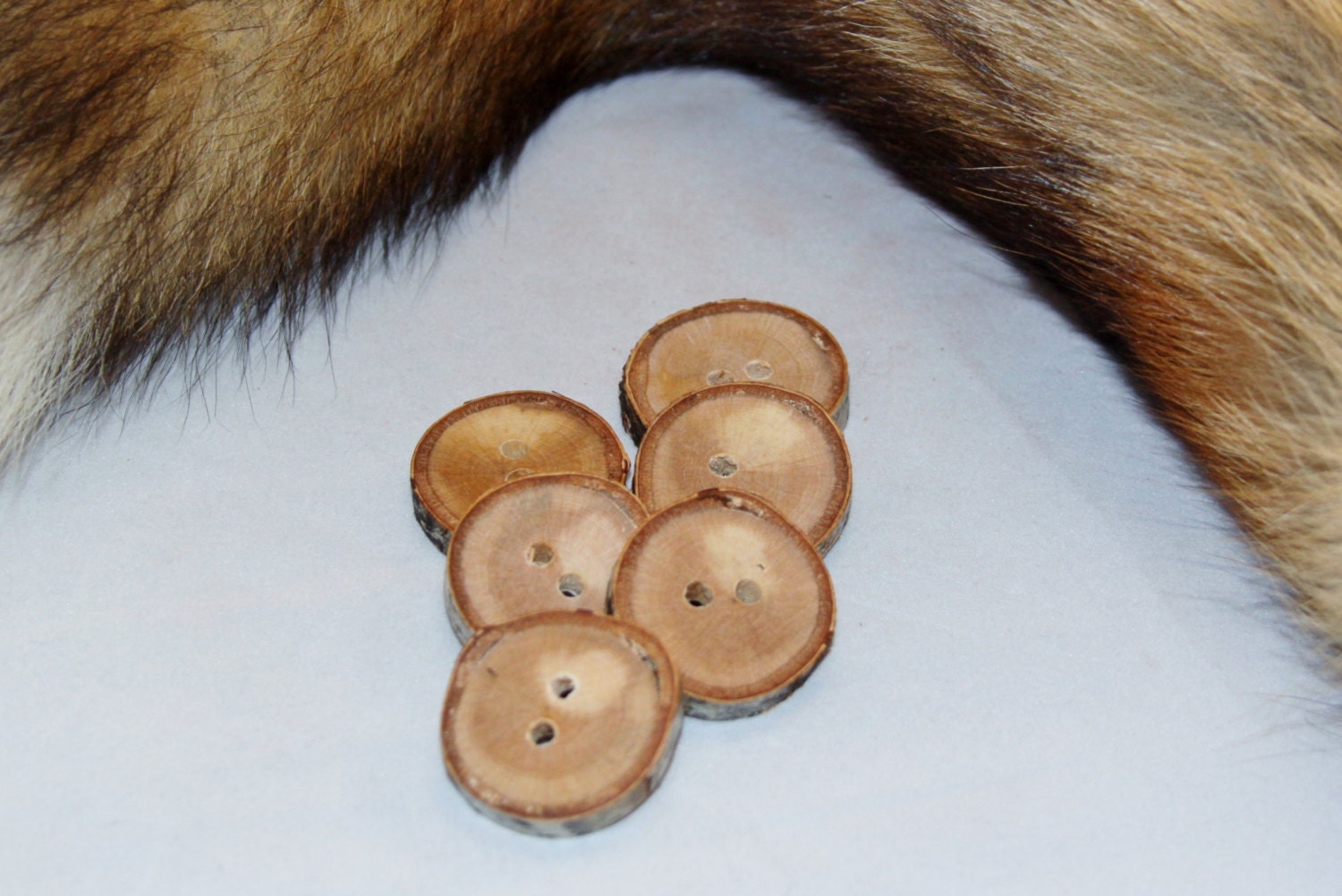 Wood Buttons Set Of 6 White Paper Birch Log Slice Rustic Handmade Knitting/Crochet Accent Buttons