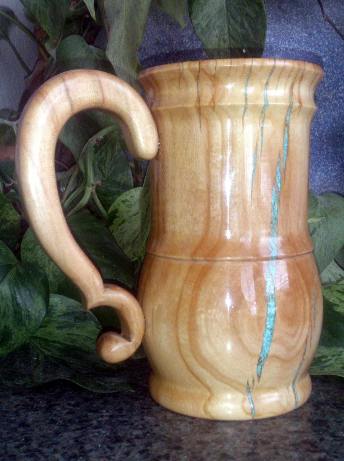 Madrone Wood Mug With Turquoise Inlay and Hand Carved Handle