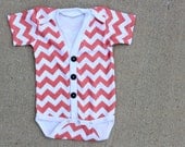 Baby Cardigan Onesie - Coral Pink Chevron - Perfect for a Spring Baby Shower Gift