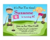 Golf Invitation - Cute Blue Boy and Pink Girl Golfer Personalized Birthday Party Invite - a Digital Printable File