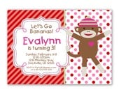 Sock Monkey Invitation - Pink Red Stripes, Polka Dots, Little Girl Sock Monkey Personalized Birthday Party Invite - a Digital Printable File