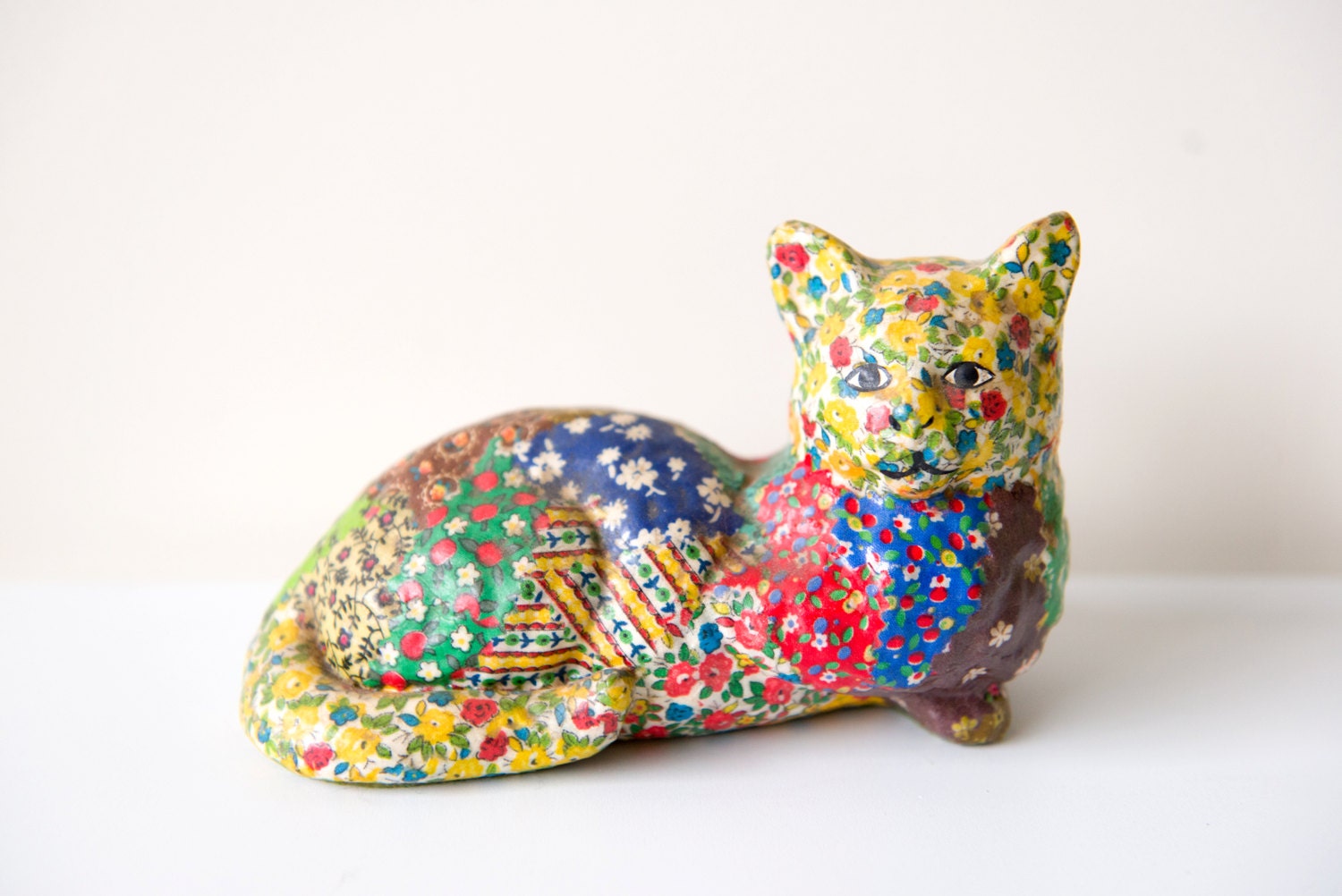 Vintage Floral Folk Art Cat Statue