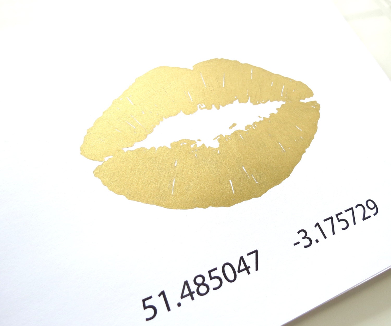 Art Gold Print 24K Lip Kiss with Custom Coordinates Stylish Gold and White Painting by Jennifer Latimer