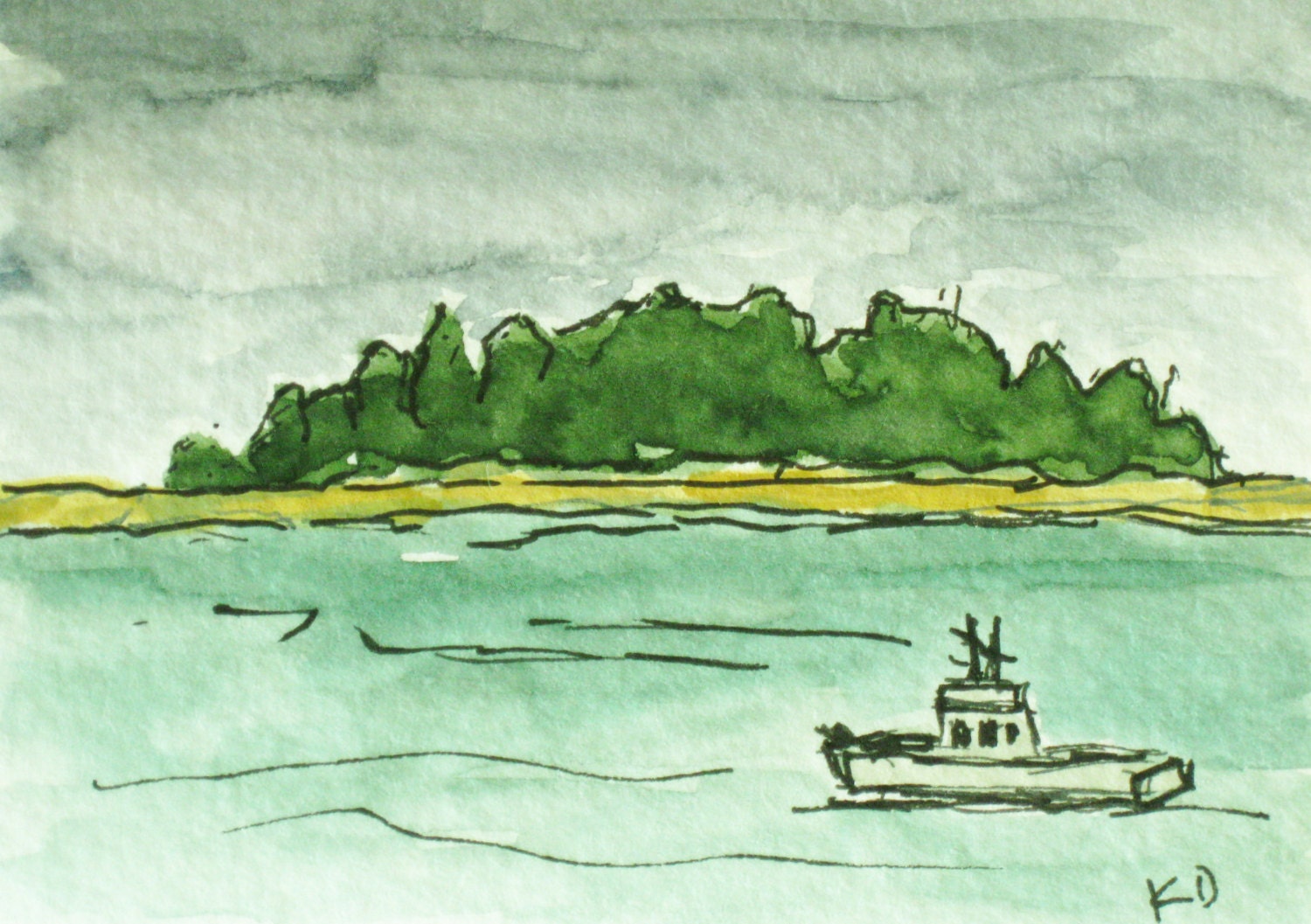 Watercolor Seascape. Richmond Island from Kettle Cove, Cape Elizabeth, Maine. ACEO. Pen and Ink Drawing. Original Art by Kathleen Daughan