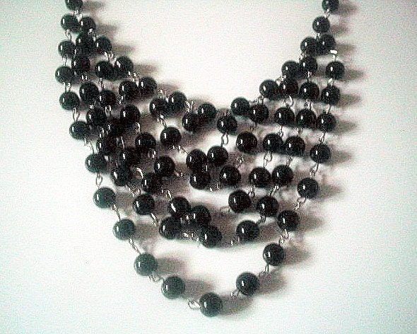 Black Glass Bead Bib Necklace Choker Adjustable Metal Strung Gothic Victorian Style