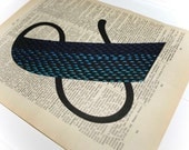 Personalized Inital, Hand Embroidered Monogram, Hand Sewn Blue Ombre Modern Letter, Upcycled Dictionary Page Vintage Book Art
