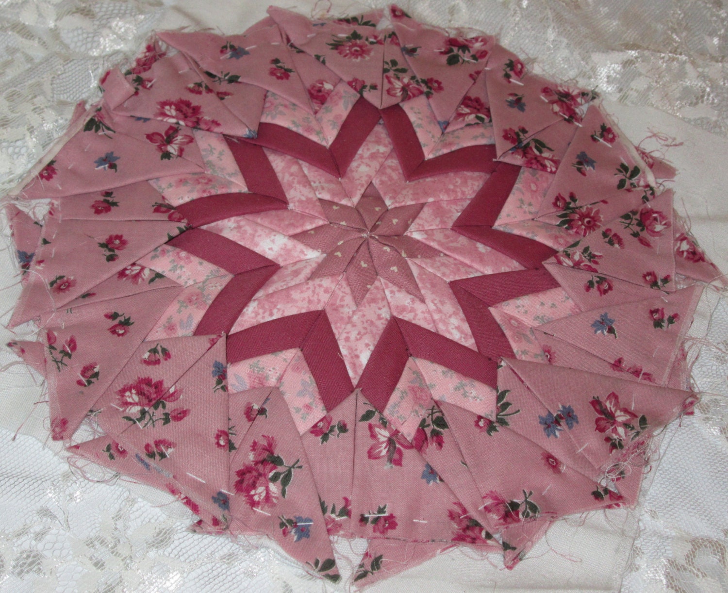 Folded+Star+Quilt+Block Vintage 1980's Folded Star 9 1/2" Quilt Block in Mauves, Basted onto ...
