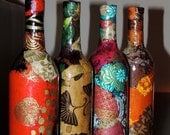 Custom Lokta Paper Decoupage on Wine Bottle, Decoupage on Glass Bottle, Collage on Glass Vase
