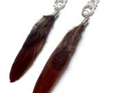 Brown Feather with Owl Charm Hook Earrings , Handmade Jewelry by Dreambuzzer on Etsy