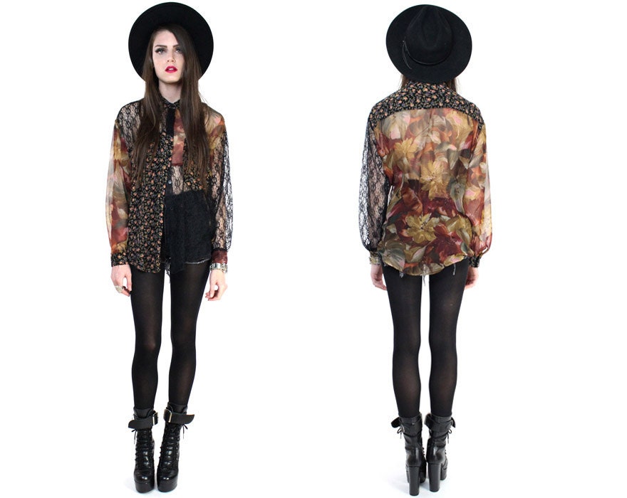Vintage 90s Grunge Floral Revival Patchwork Shirt Tunic Top S-M