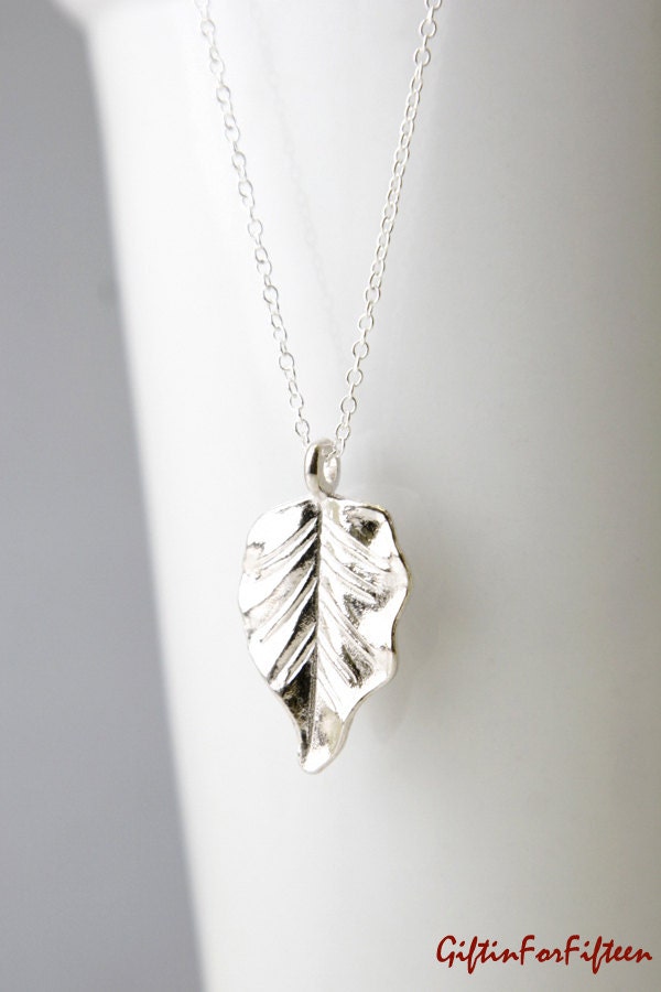 Minimalist Jewelry Rhodium Plated Leaf On Sterling Silver Plated Chain, Minimalist Simple Everyday Bridal Mixed Metal by Giftin For Fifteen
