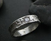Imperfectly beautiful thick sterling silver ring band, hand forged with an abstract pattern,sparkly white cubic zircon, size 9
