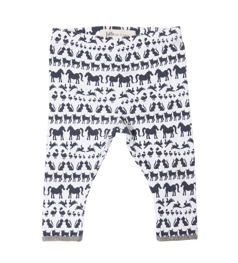 Hand Printed Organic Cotton Leggings - Navy Animals on White