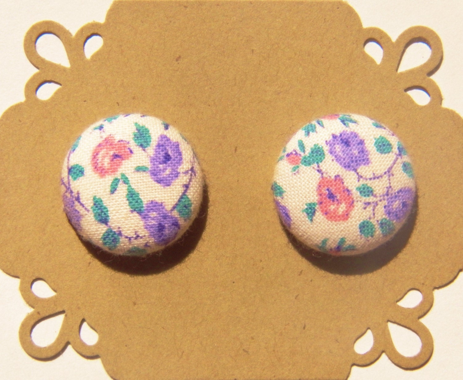 Pink Purple White Floral Fabric Button Earrings - Hypoallergenic - Button Earrings - Button Earrings  - Stud Earrings