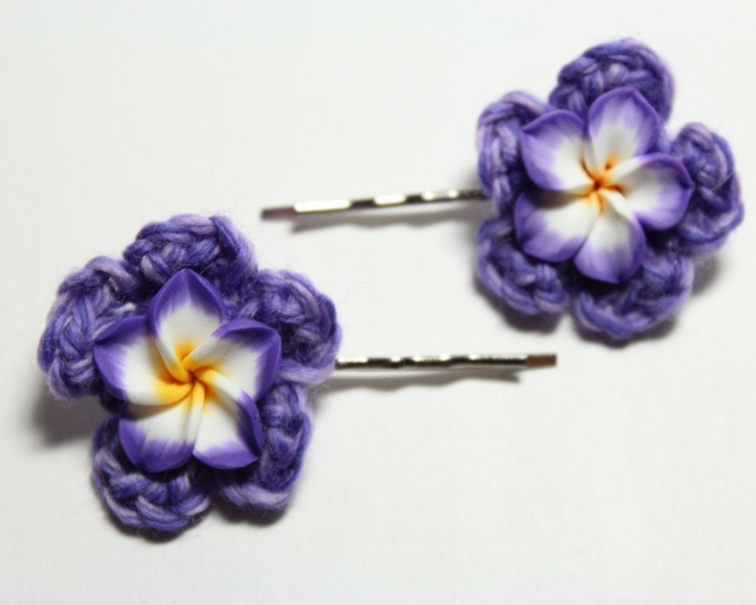 Purple flower bobby pin. Plumeria hair accessory. Crochet flower hair pin.