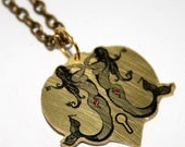 Valentine, Heart, Mermaid, pendant, necklace, brass, jewelry, red, grey, black, gold, tattoo, nautical, key hole, handmade.