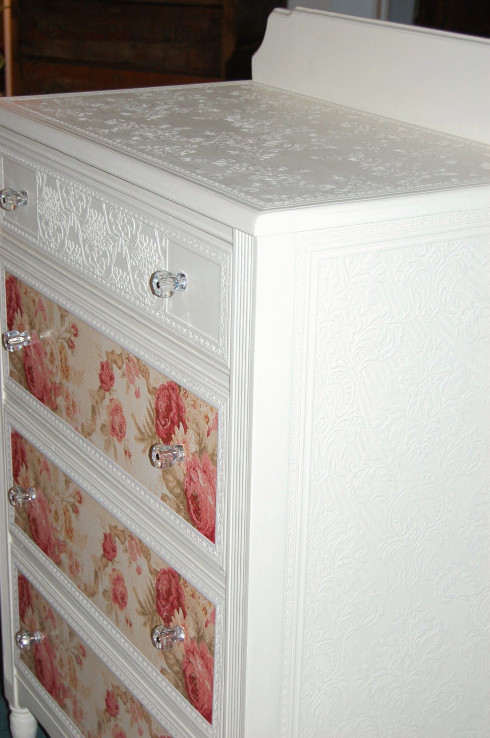 Sweet Cottage Chic  Dresser with Roses Painted and Distressed