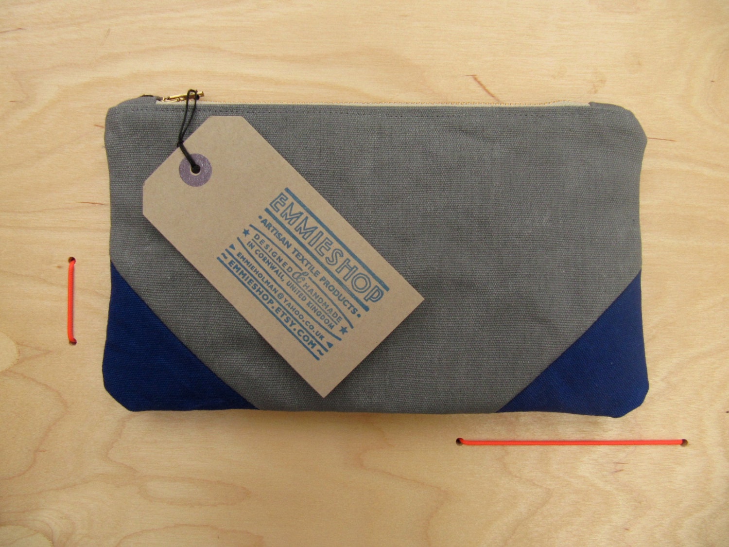 Medium geometric pouch. Liberty lining, peacock feathers. Electric blue and grey washed canvas. YKK metal zip. Clutch / cosmetic bag.