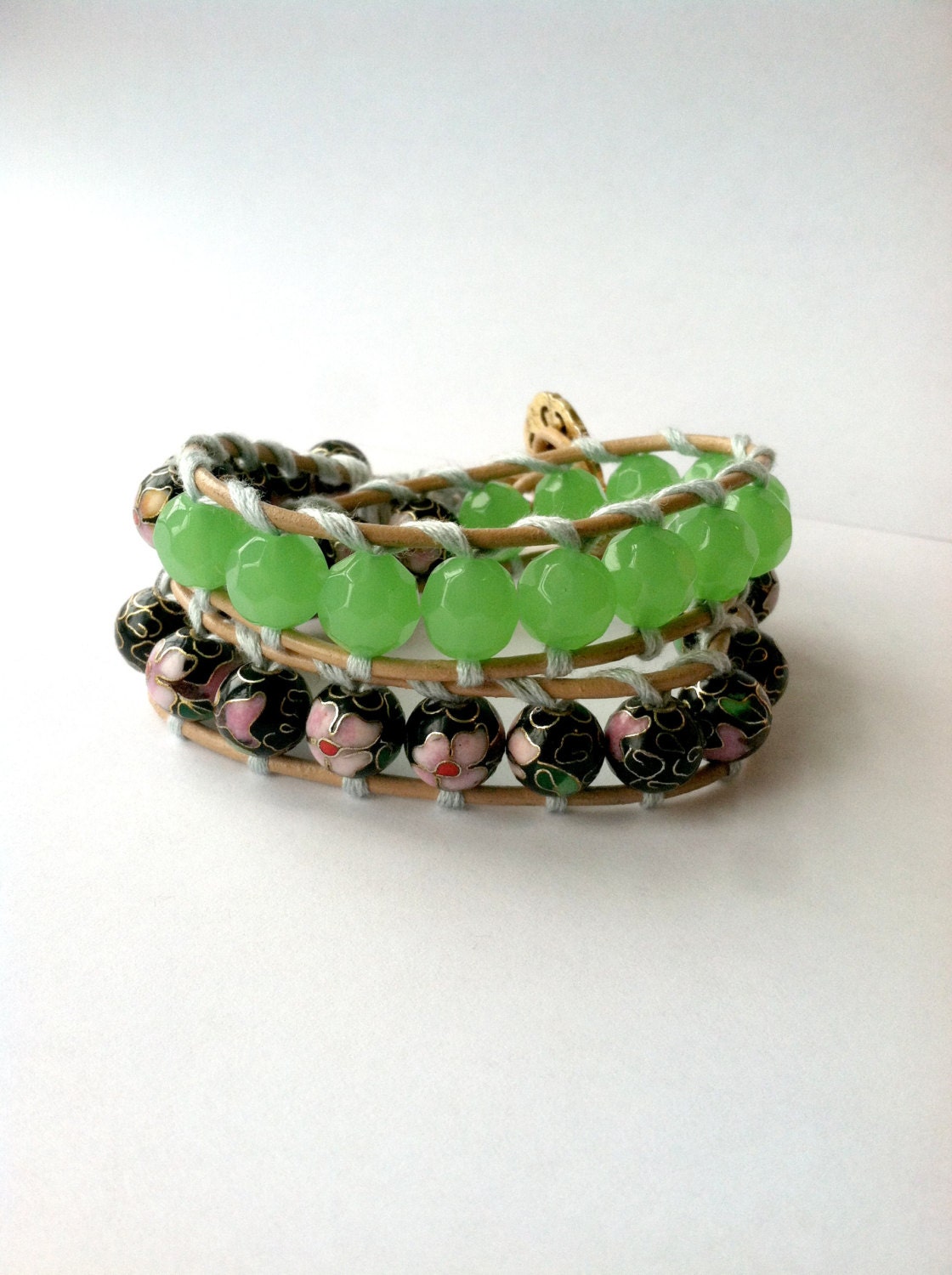 Boho Wrap Bracelet, Hand Painted Flower Beads, Zen Bracelet, Meditation, Buddhist, Leather Wrap Bracelet