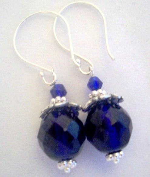 Blooming Cobalt, Czech Fire-Polished Crystal & Swarovski, Sterling Dangle Earrings