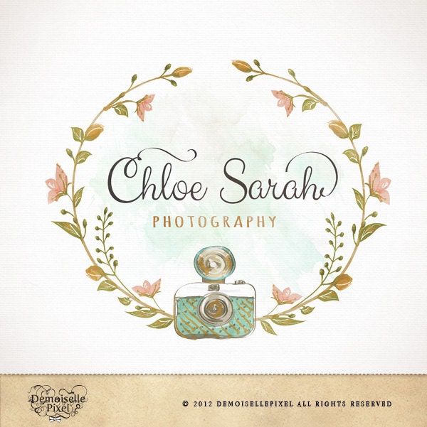Hand drawn Photography Logo Wreath & Camera Watercolor Design for Photographer