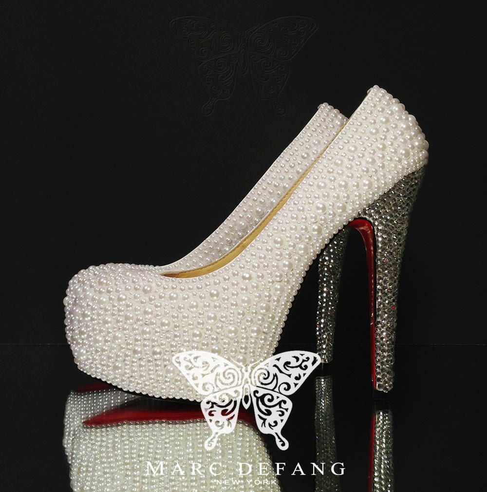 Genuine Leather 6" High Heels, Off White Mixed Pearls, Clear Crystals Luxury Pumps