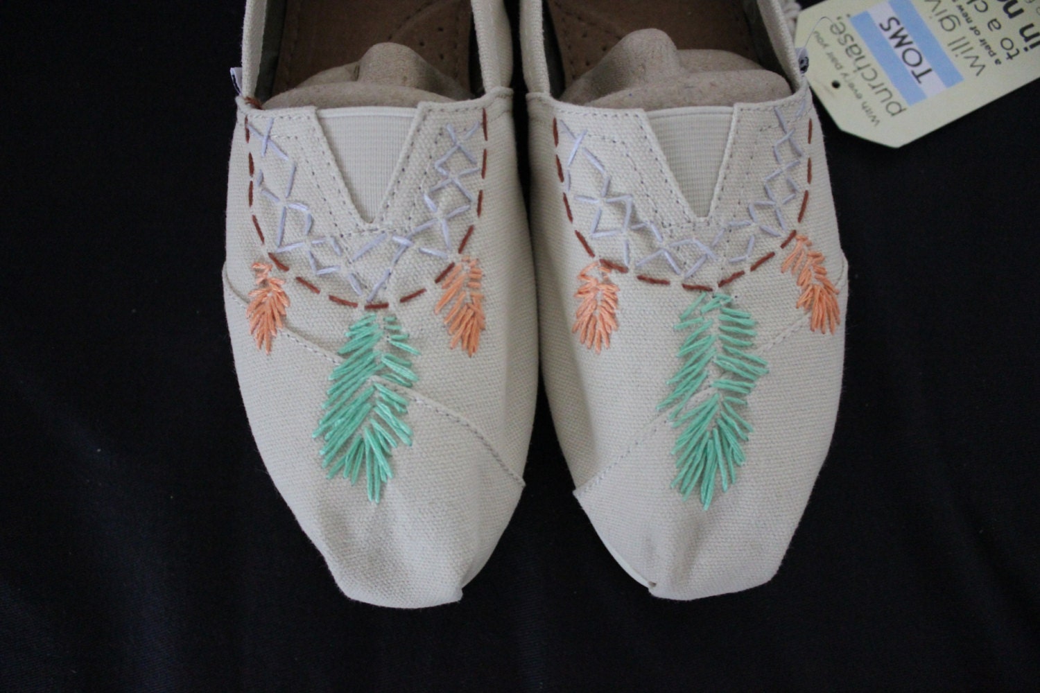 Hand Embroidered Custom Women's NATURAL CANVAS colored TOMS shoes, Dream Catchers