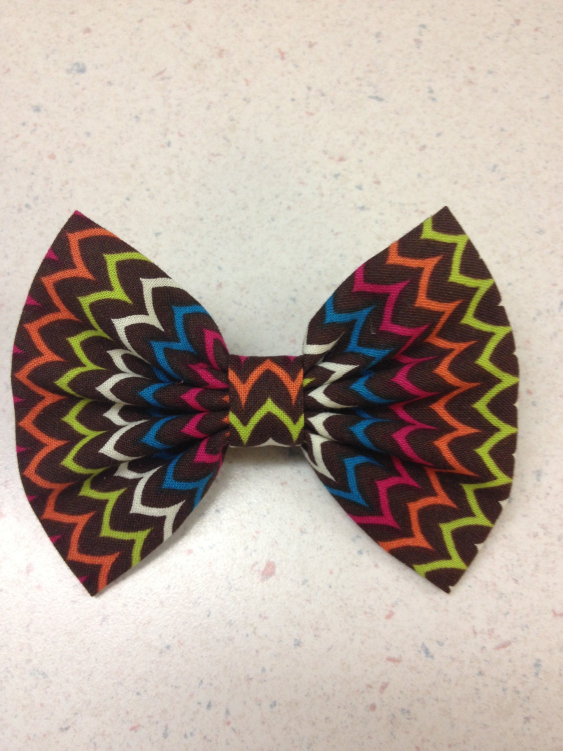 Colorful chevron  zig zag on brown Fabric Hand sewn Hair bow