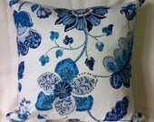 Spring colors. Colorful 20 x 20 inch pillow cover of lively floral linen design with coordinating chevron back. May custom.