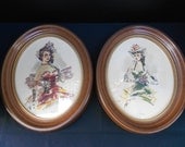Framed 50s "Fashion Prints" of Fancy Ladies in Oval Wood Frames with Goldtone Trim, Paris Chic, Pair of Framed Prints, Vintage Art