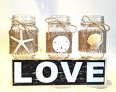 Set of 6 Mason jar centerpiece-candle holder- beach wedding mason jar with starfish sand dollars and seashells
