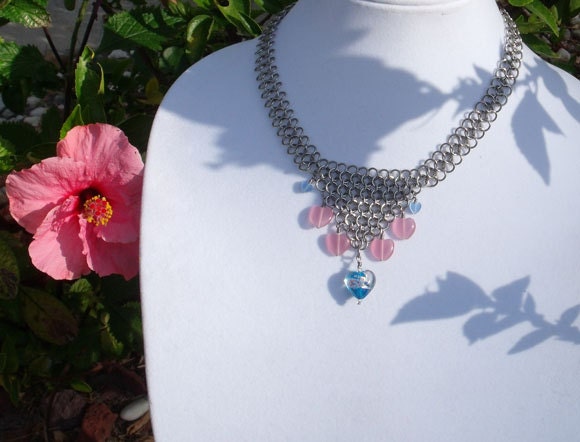 Pink and Blue hearts Chainmail Necklace