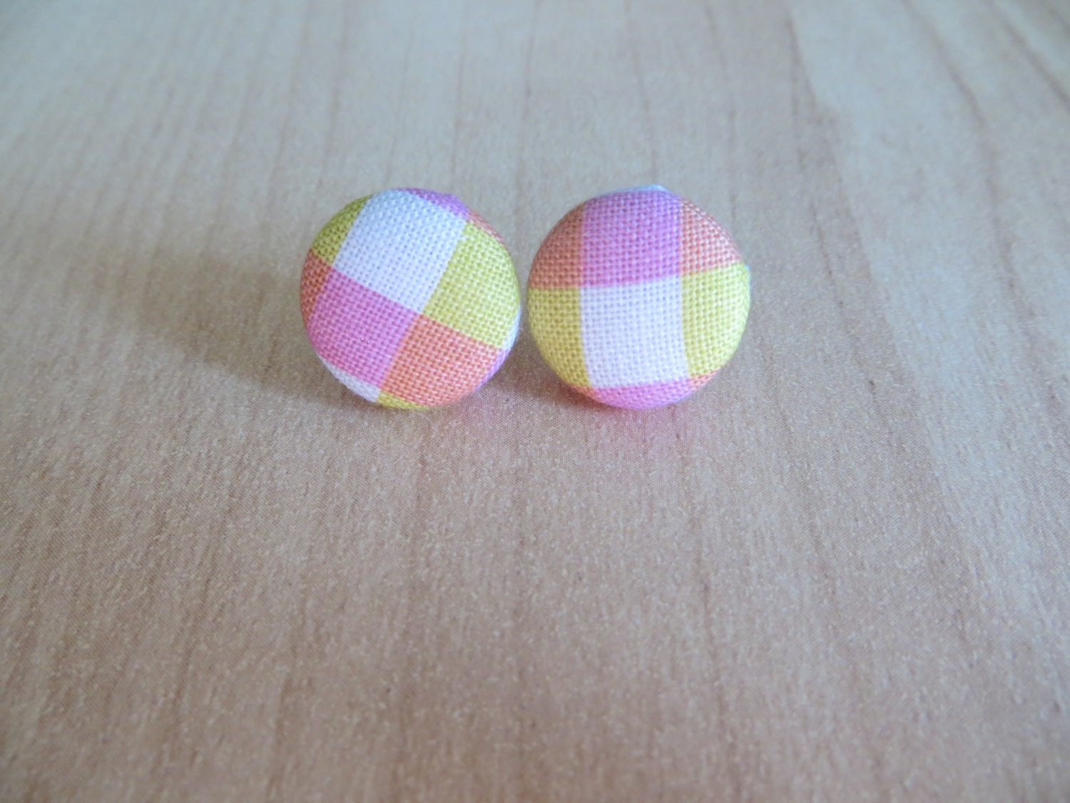 Fabric Button Earrings, Gingham, Stud Earrings, Pink and Green Color, Button Earrings-Made to Order